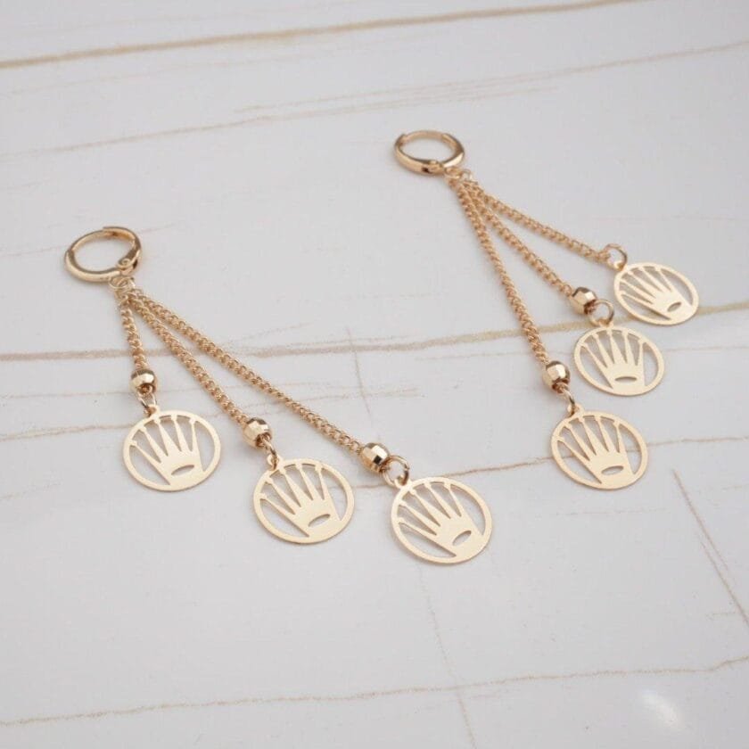 Long chain crown triple earrings