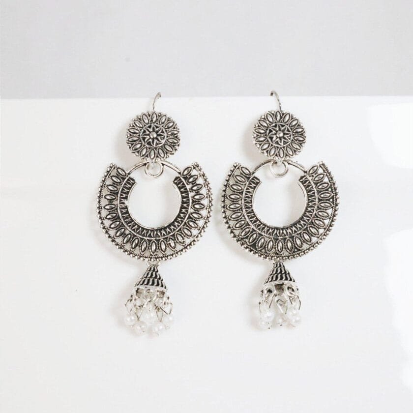 Mehrunisa silver jhumki white pearls