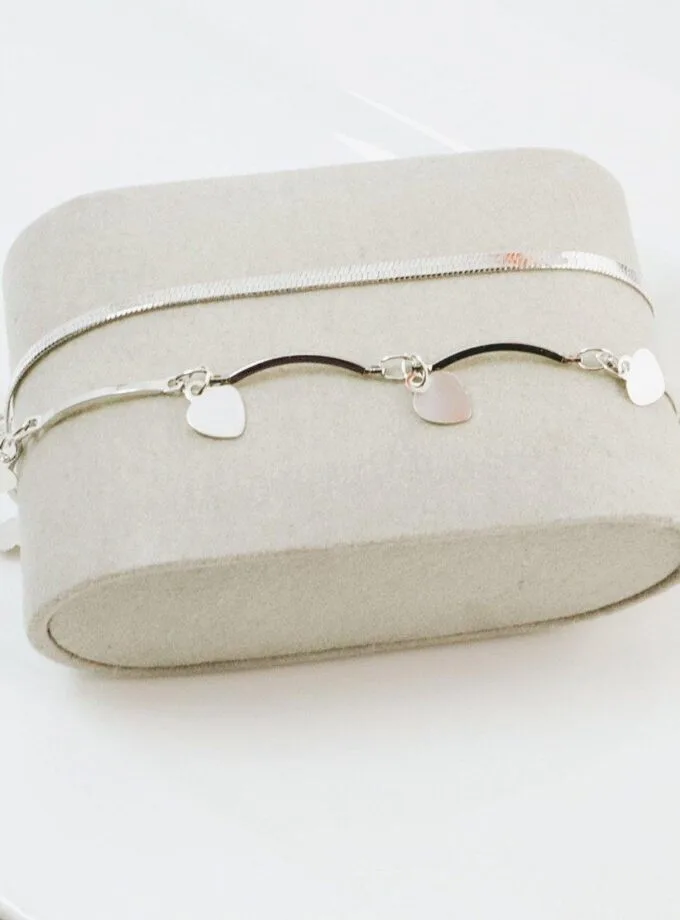Heart double chain anklet silver