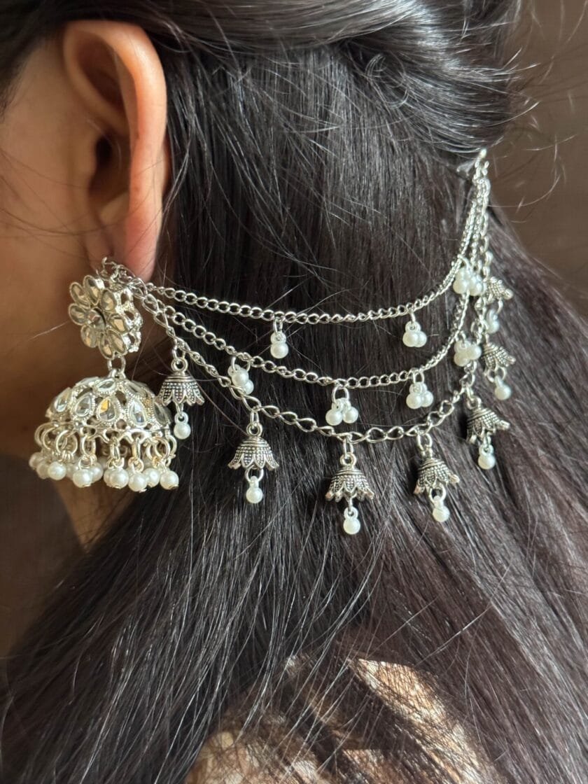 Kundan mumtaz silver jhumkay with saharay