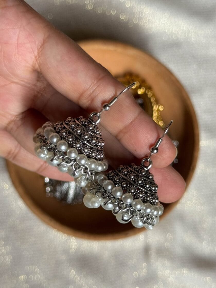 Noor-e-jhumka silver with hanging pearls - Image 2