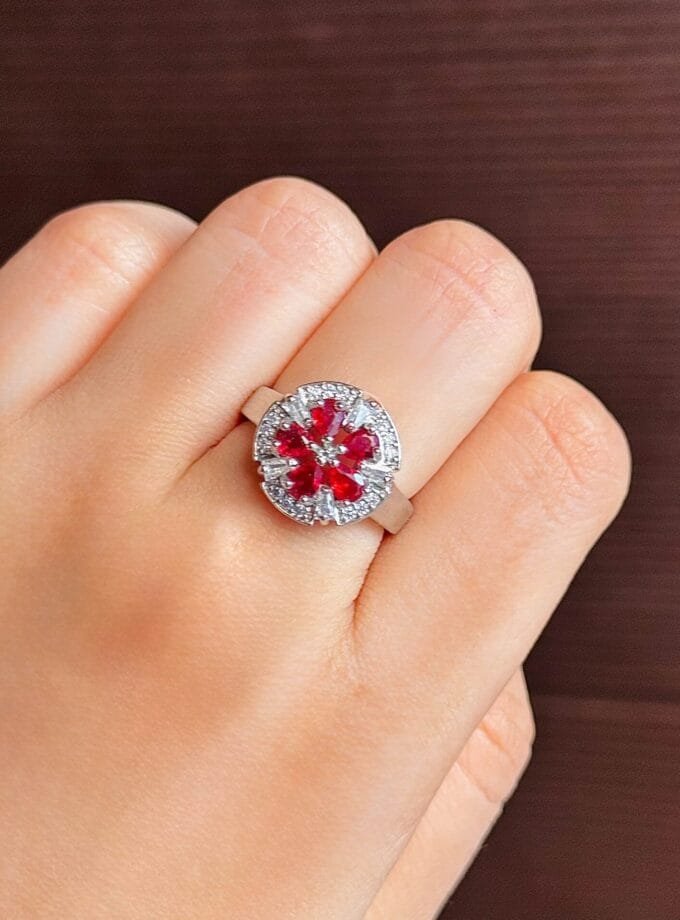 Silver ring adjustable maroon stones