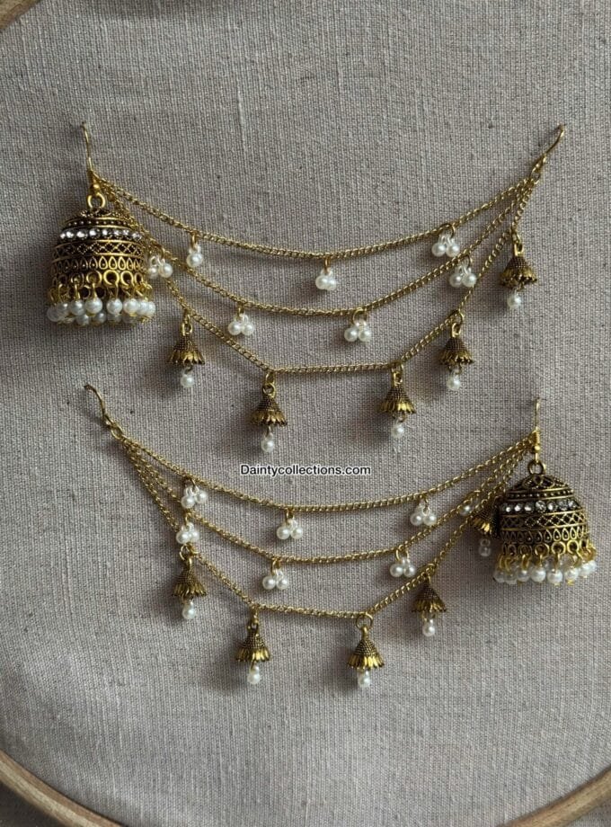 Matka jhumki with pearls antique with triple layer saharay