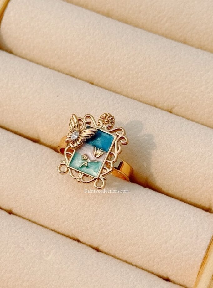 Monet garden vintage enamel blue adjustable ring