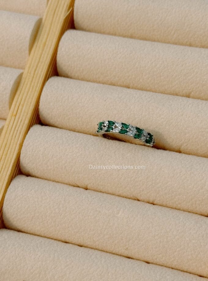Crystal green adjustable ring silver