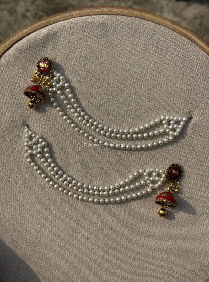 Husn-ara maroon jhumka antique with triple layer pearl saharay