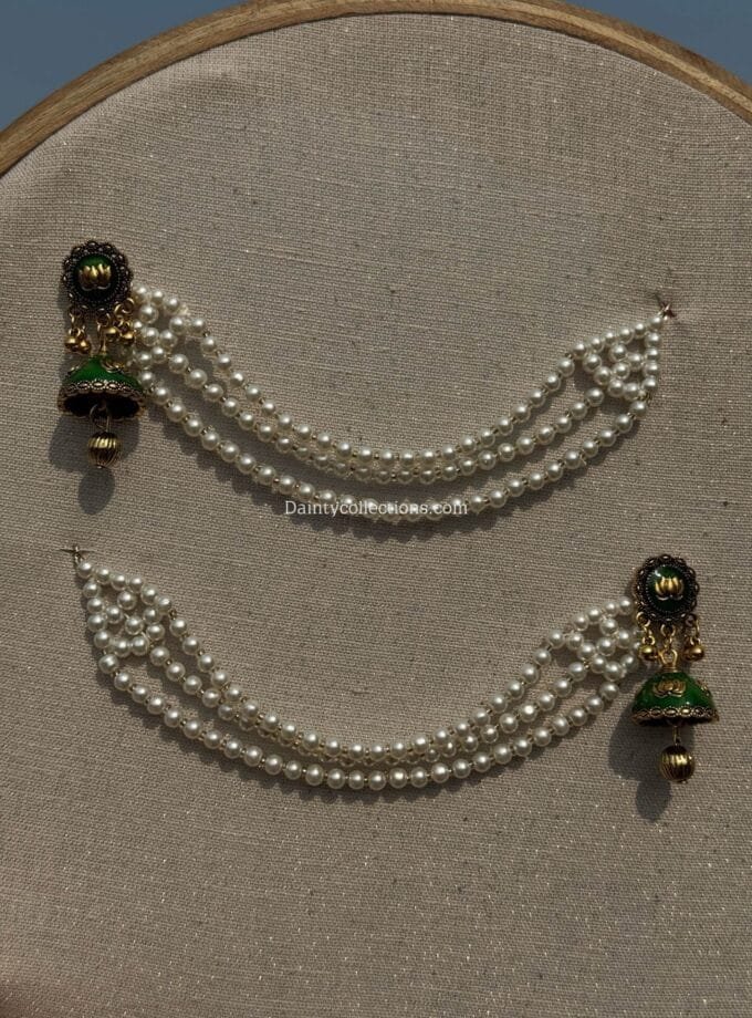 Husn-ara green jhumka antique with triple layer pearl saharay