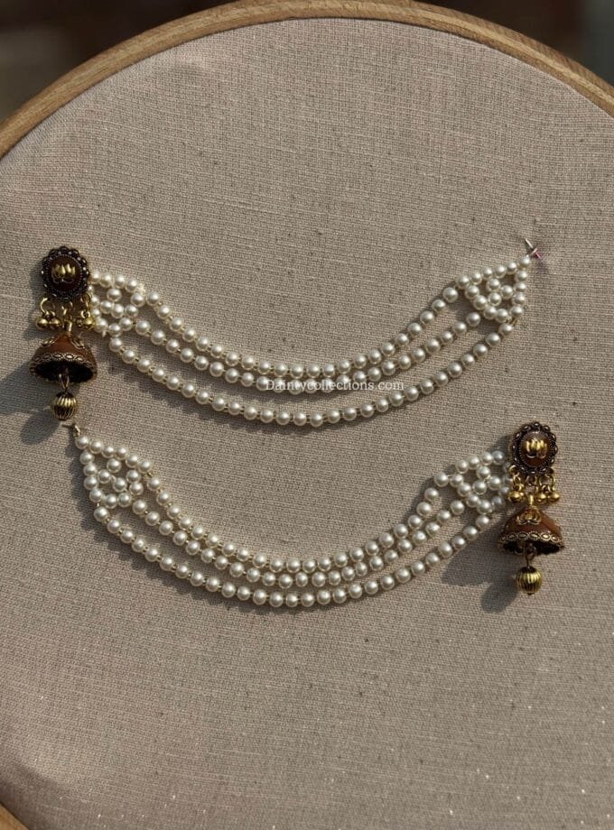 Husn-ara beige jhumka antique with triple layer pearl saharay