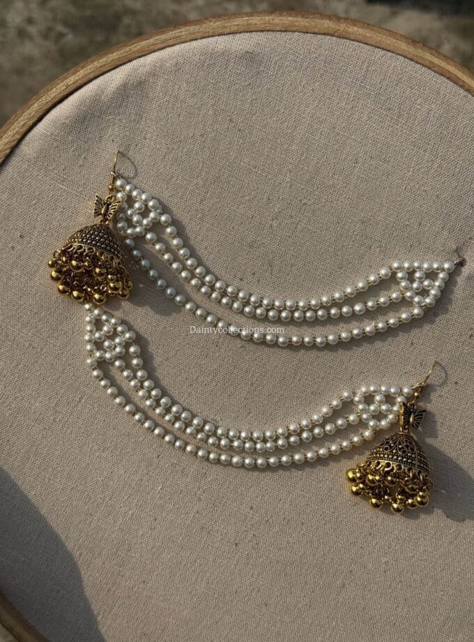 Titli jhumka antique with triple layer pearl saharay