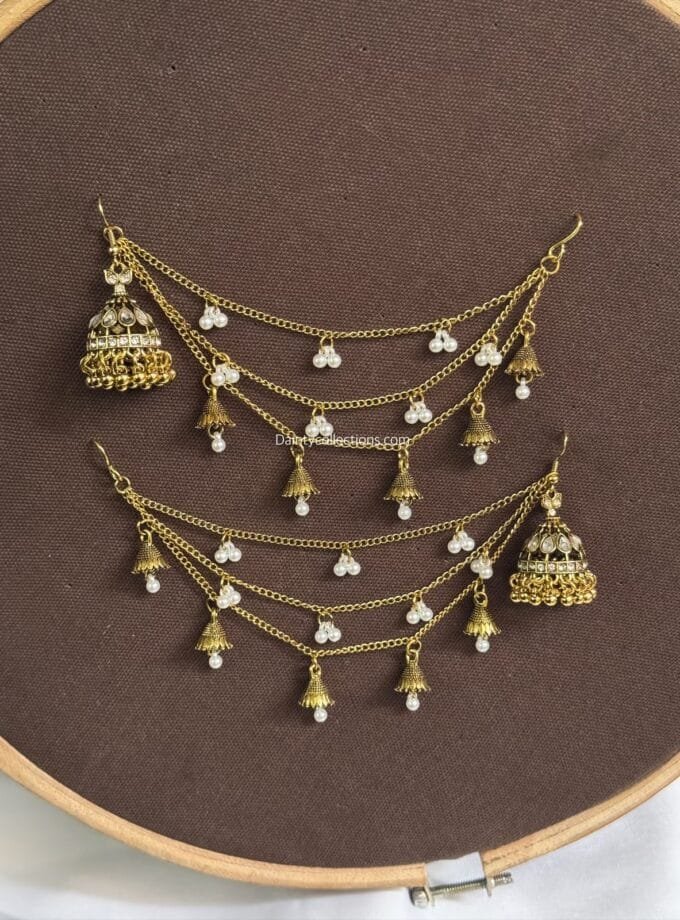 Bano kundan jhumka antique with triple layer pearl saharay