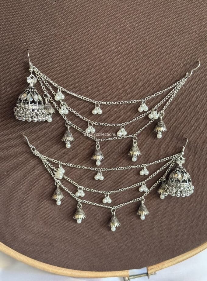 Bano kundan jhumka silver with triple layer saharay