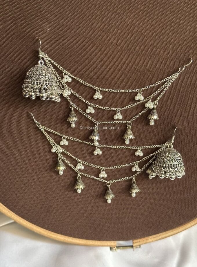 Gulshan ara silver jhumka with triple layer Saharay