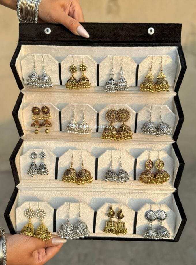 Jhumka box - 16 jhumkis (8 silver jhumkis + 8 antique jhumkis)