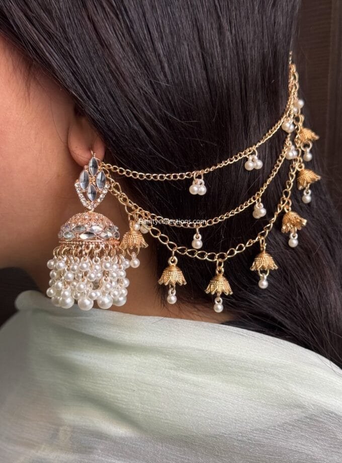 Kundan hooray rose gold jhumka with hanging pearls and triple layer saharay