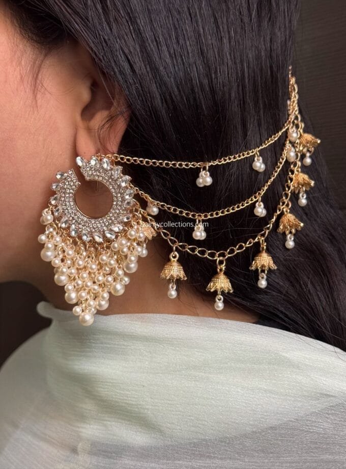 Kundan mumtaz rose gold jhumka with hanging pearls and triple layer saharay