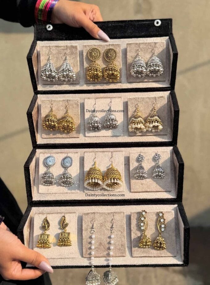 Jhumka gift box - 6 silver & 6 golden antique jhumkas