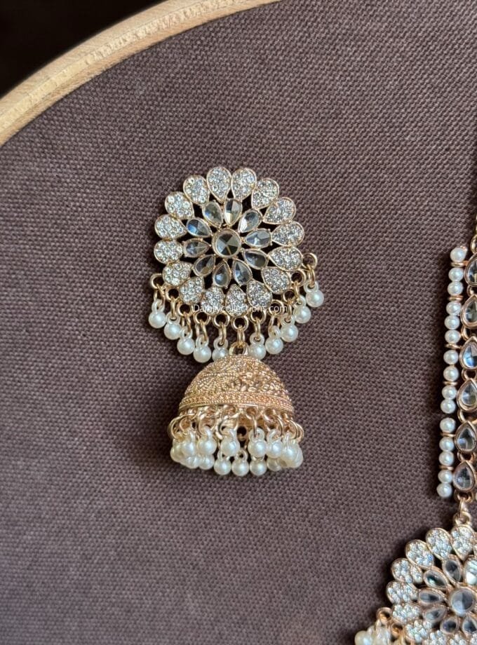 Kundan Matha tikka with rose gold jhumkay