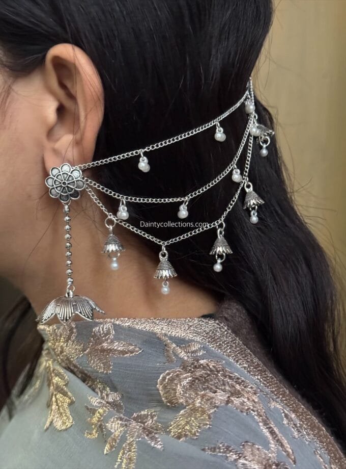 Nazneen latkan jhumki silver triple layer saharay