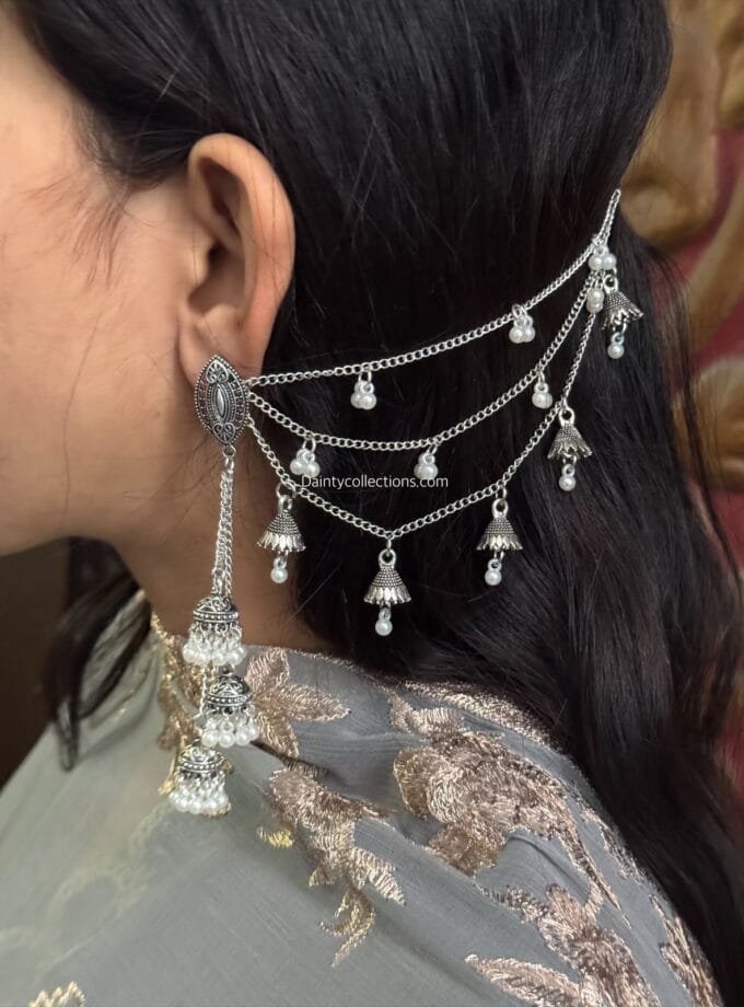 Jahanara latkan jhumki silver with triple layer saharay