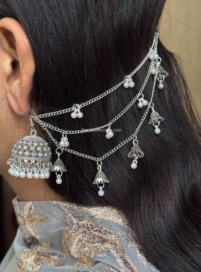 Kehkashan jhumki silver with triple layer saharay