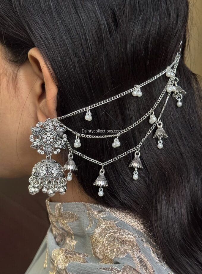 Nazo silver jhumka silver with triple layer saharay