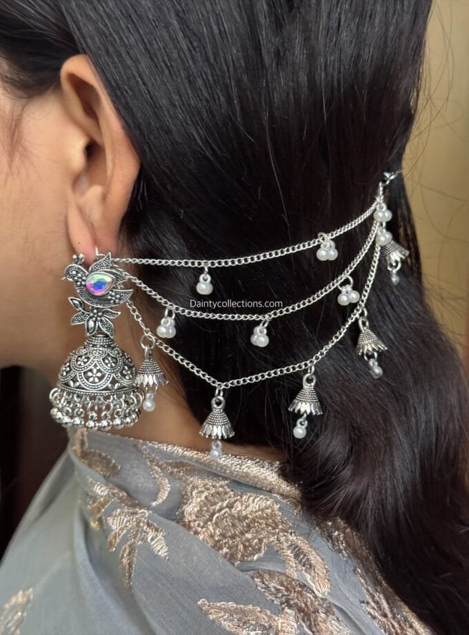Nigar jhumki silver with triple layer saharay