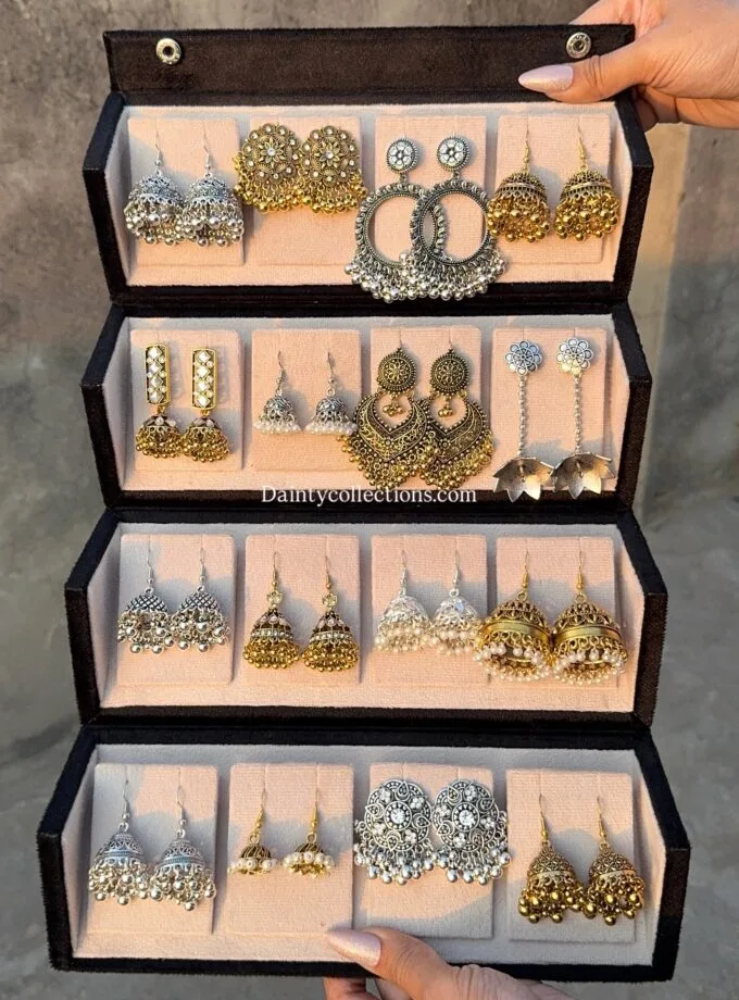 Jhumka box with 8 silver & 8 antique jhumkas