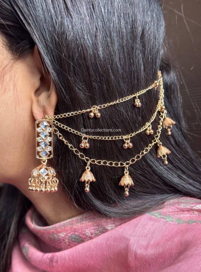Kundan jhumka silver stone with rose gold triple layer ghongroo saharay