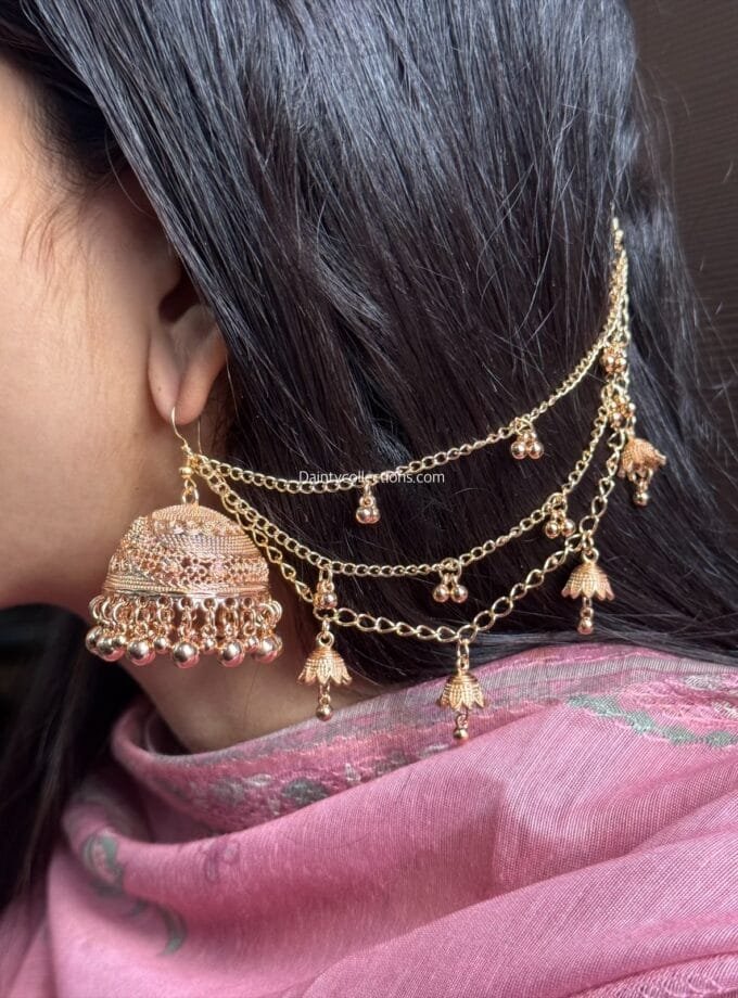 Gulbadan jhumka rose gold with triple layer ghongroo saharay