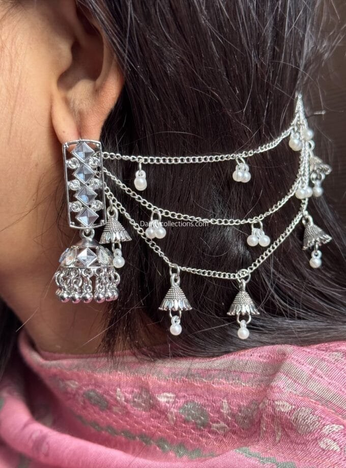 Kundan jhumka silver with triple layer saharay