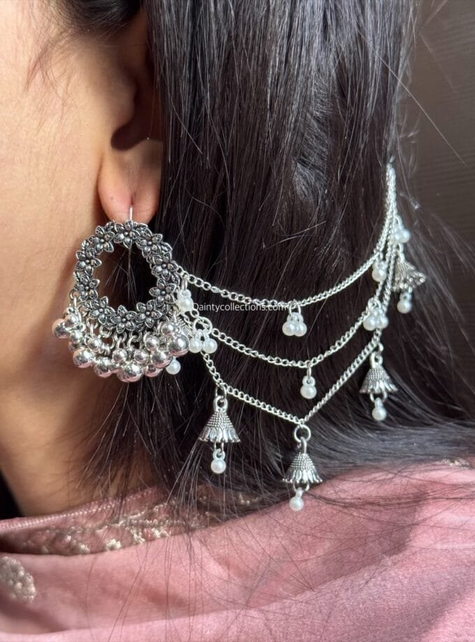 Gul e lala jhumki silver with triple layer saharay