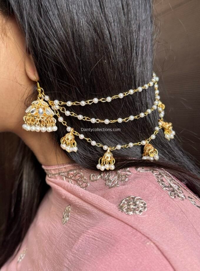 Kundan jhumka with triple layer handmade moti saharay