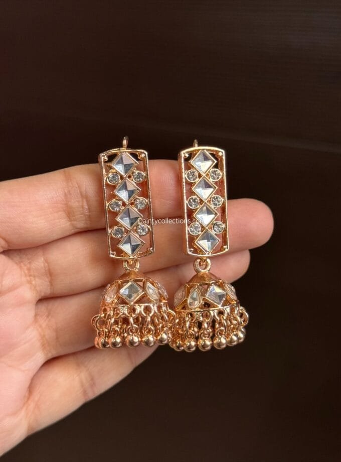 Kundan jhumki rose gold silver stone
