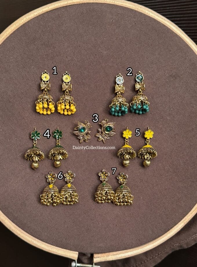 Rang barang - yellow / green jhumki antique