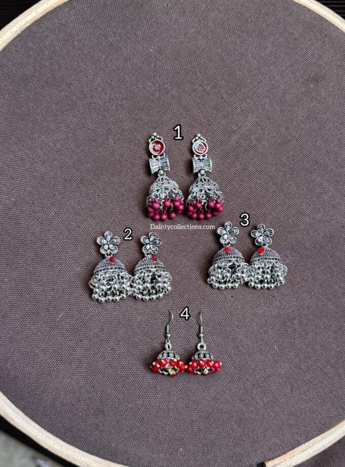 Rang barang - Red & maroon jhumki silver