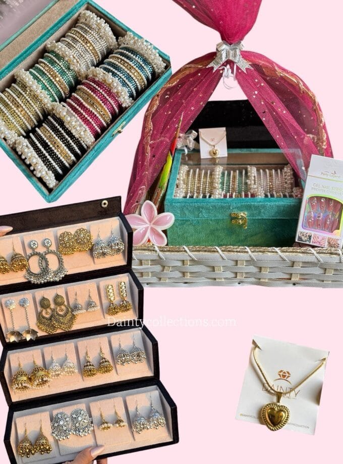 Eid gift basket - 16 pairs jhumka box, bangles box, necklace , hair claw, cone mehndi, mehndi stencils
