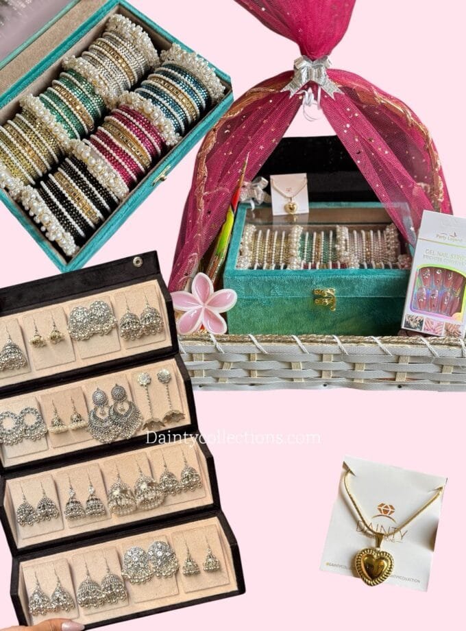 Eid gift basket - 16 pairs jhumka box, bangles box, necklace , hair claw, cone mehndi, mehndi stencils