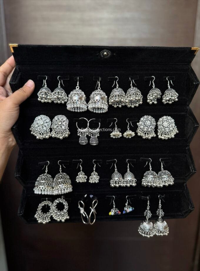 Jhumka box black with 16 pair of silver jhumkas