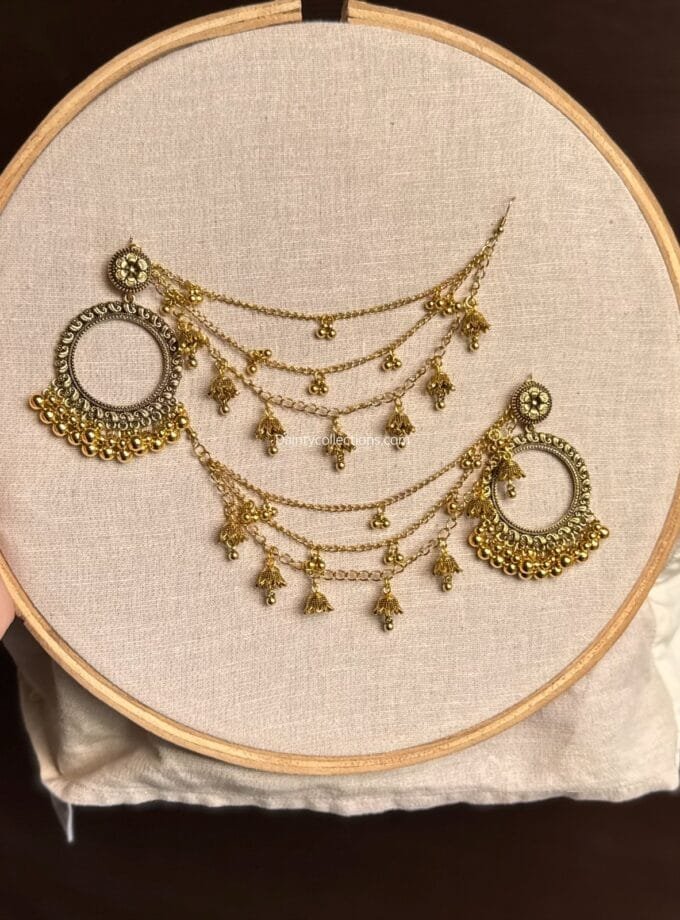 Aftaab Bali jhumki antique with triple layer antique saharay