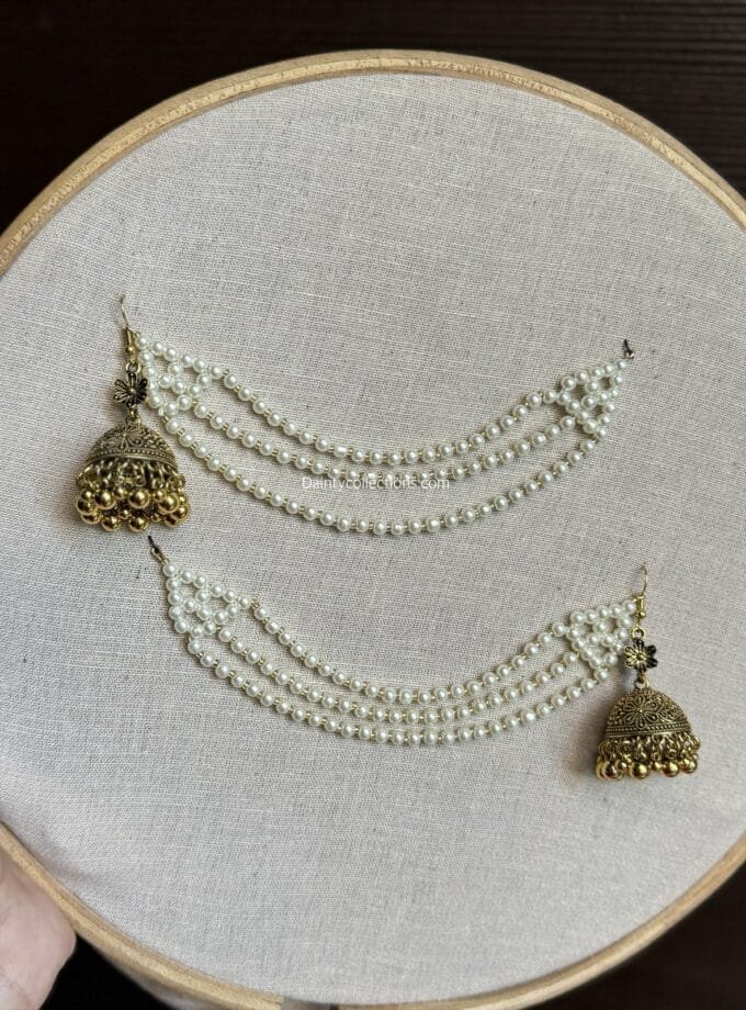 Gulbano antique jhumka with triple layer pearl saharay
