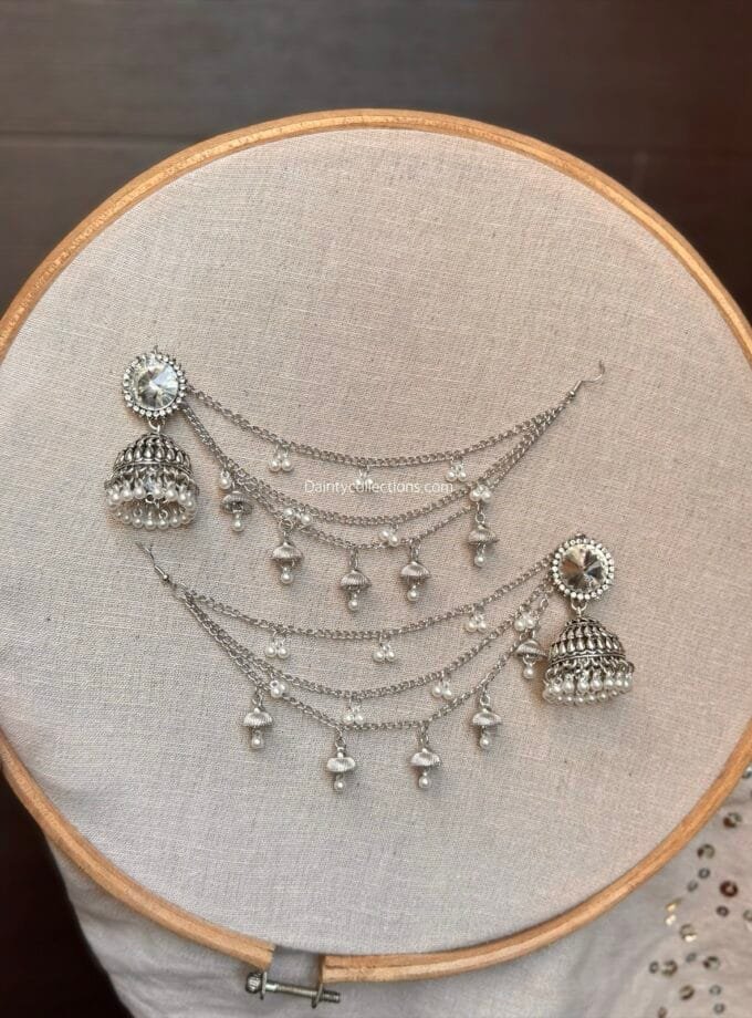 Shabnam silver jhumka with triple layer silver saharay
