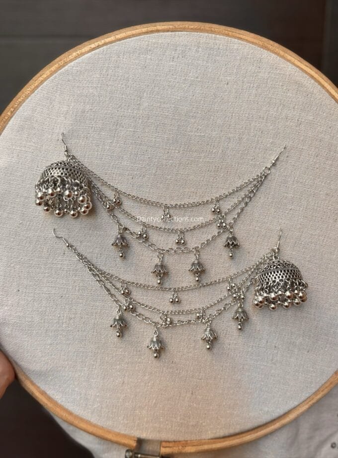 Gumbad silver jhumka with triple layer silver saharay