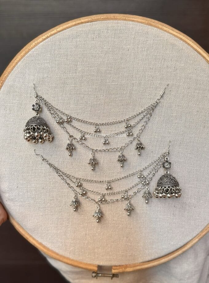 Nigaar silver jhumka with triple layer silver saharay