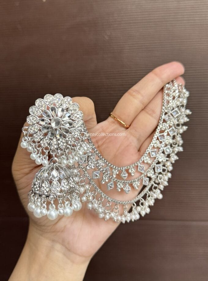 Zareen jhumkay silver with triple layer kundan pearl saharay
