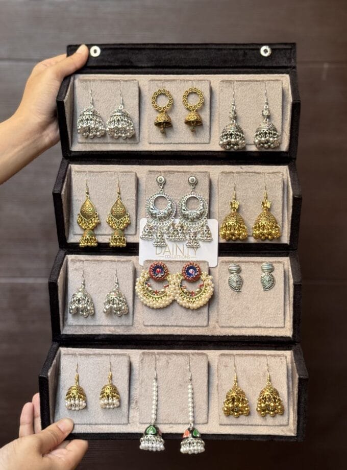 Jhumka box with 6 silver and 6 antique jhumkas