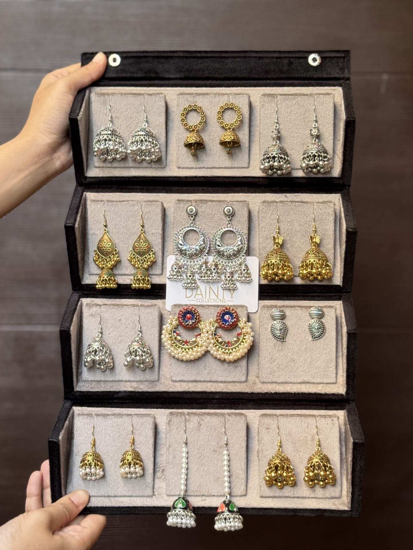 Jhumka box with 6 silver and 6 antique jhumkas