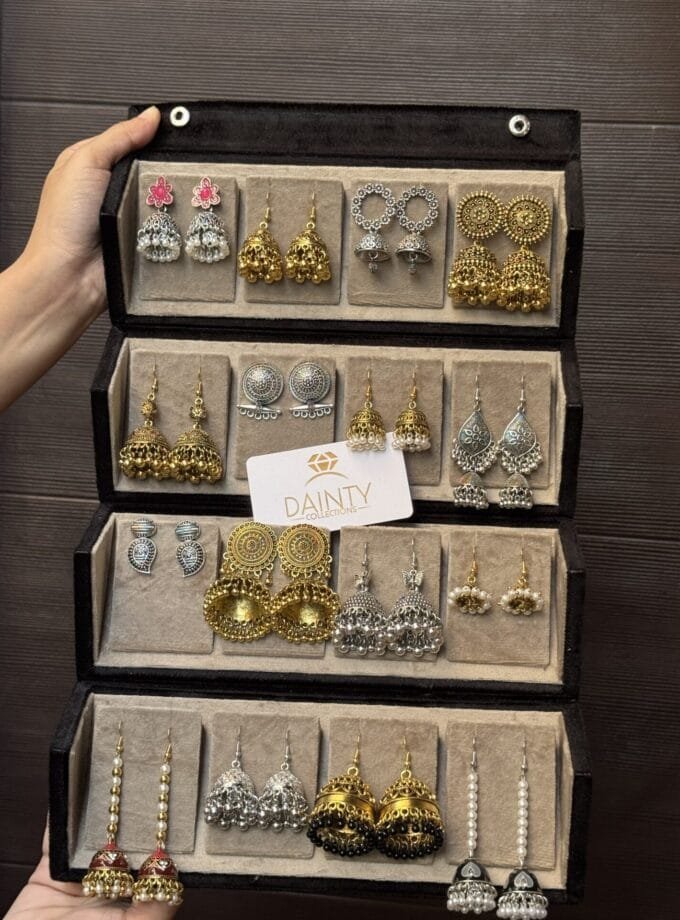 Jhumka box with 8 silver and 8 antique jhumkas