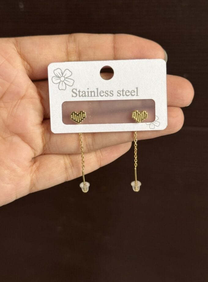 Mini heart studs with hanging chain stainless