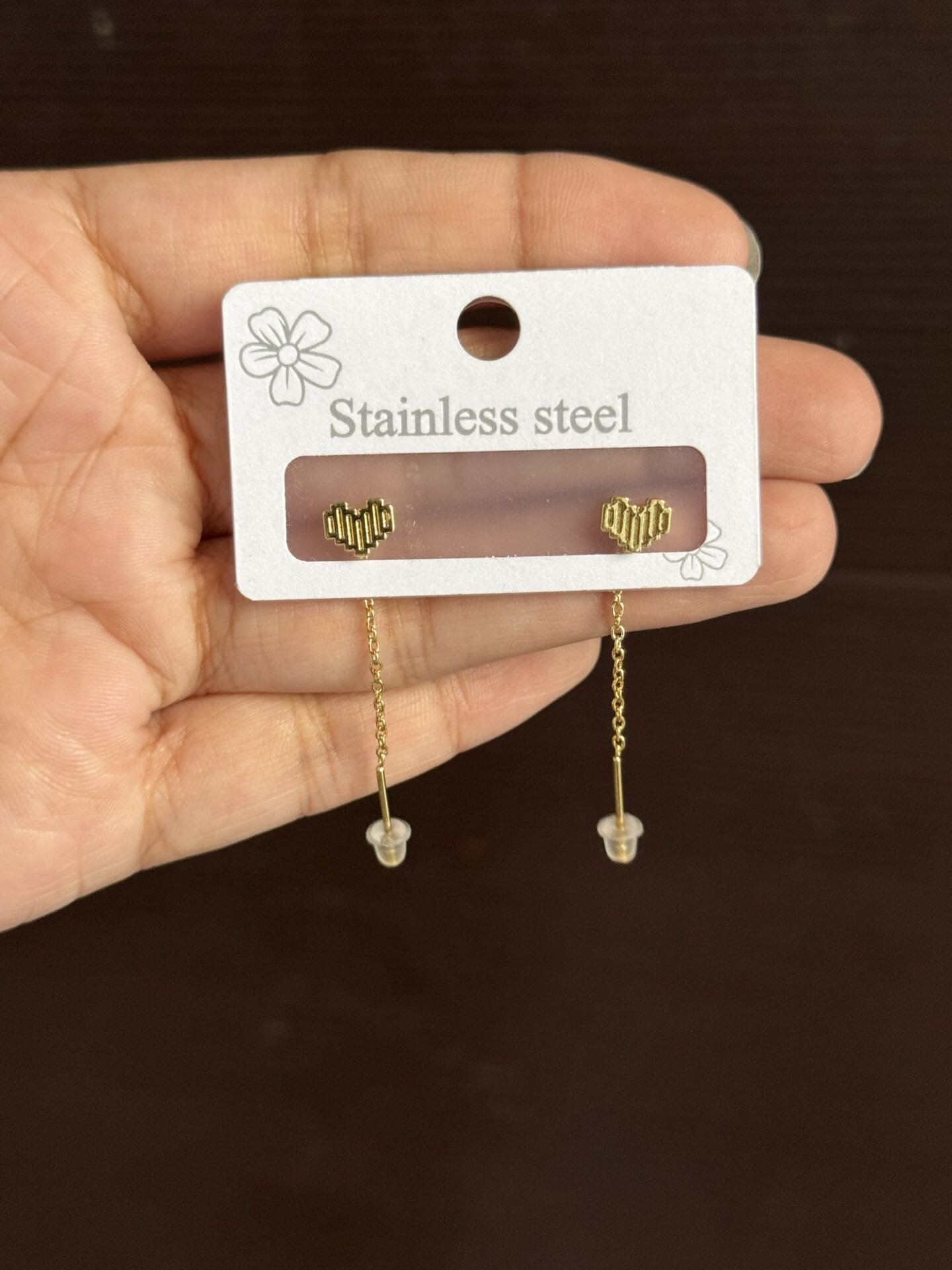 Mini heart studs with hanging chain stainless